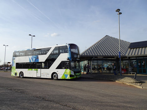 A Park & Ride bus at the Trumpington Park & Ride site. Photo: Andrew Roberts, 1 March 2025.