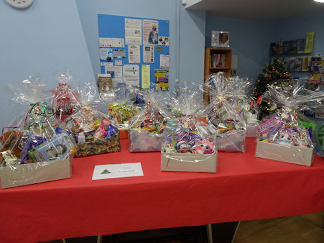 Raffle prizes at the Trumpington Pavilion Christmas Fair. Photo: Andrew Roberts, 4 December 2022.