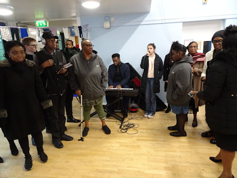 Gospel choir at the Trumpington Pavilion Christmas Fair. Photo: Andrew Roberts, 4 December 2022.