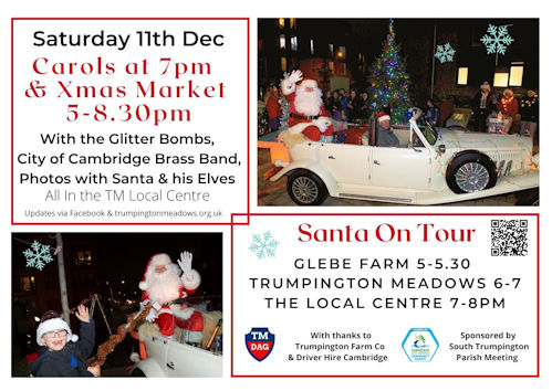 Poster advertising the Trumpington Meadows Christmas event. Photo: Karen Lamb, 11 December 2021.